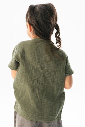 Kısa Kol Batı Cep Detaylı Yazlık Müslin Kız Çocuk Tshirt Haki Hk