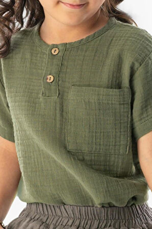 Kısa Kol Batı Cep Detaylı Yazlık Müslin Kız Çocuk Tshirt Haki Hk