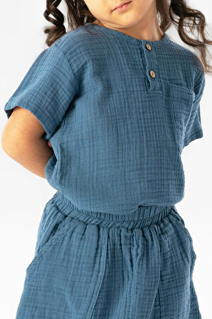 Kısa Kol Batı Cep Detaylı Yazlık Müslin Kız Çocuk Tshirt İndigo indg