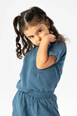 Kısa Kol Batı Cep Detaylı Yazlık Müslin Kız Çocuk Tshirt İndigo indg