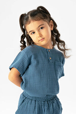 Kısa Kol Batı Cep Detaylı Yazlık Müslin Kız Çocuk Tshirt İndigo indg