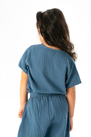 Kısa Kol Batı Cep Detaylı Yazlık Müslin Kız Çocuk Tshirt İndigo indg