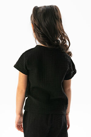 Kısa Kol Batı Cep Detaylı Yazlık Müslin Kız Çocuk Tshirt Siyah Syh