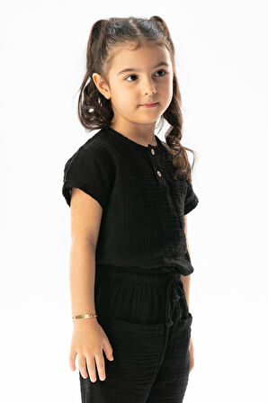 Kısa Kol Batı Cep Detaylı Yazlık Müslin Kız Çocuk Tshirt Siyah Syh