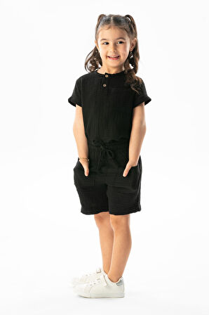 Kısa Kol Batı Cep Detaylı Yazlık Müslin Kız Çocuk Tshirt Siyah Syh