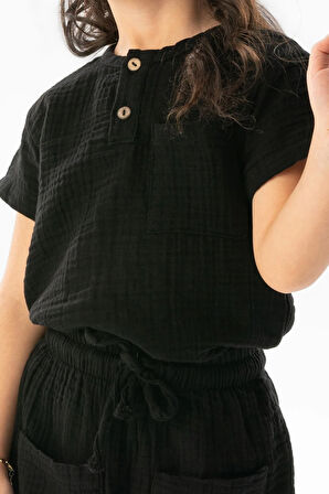 Kısa Kol Batı Cep Detaylı Yazlık Müslin Kız Çocuk Tshirt Siyah Syh