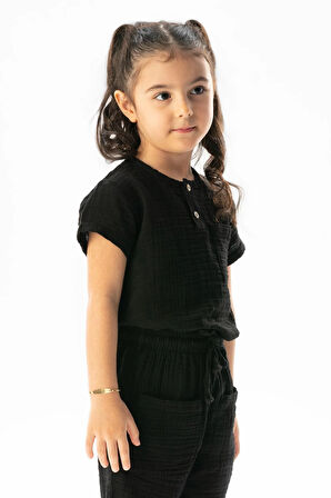 Kısa Kol Batı Cep Detaylı Yazlık Müslin Kız Çocuk Tshirt Siyah Syh