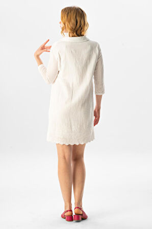 Truvakar Kol Gömlek Yaka Brode Nakış Detaylı Kısa Yazlık Müslin Elbise Beyaz Byz