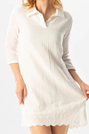 Truvakar Kol Gömlek Yaka Brode Nakış Detaylı Kısa Yazlık Müslin Elbise Beyaz Byz