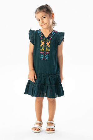 Kolsuz Şile Bezi Delfin Nakış Detaylı Yazlık Çocuk Elbise Petrol Ptrl