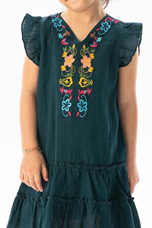 Kolsuz Şile Bezi Delfin Nakış Detaylı Yazlık Çocuk Elbise Petrol Ptrl