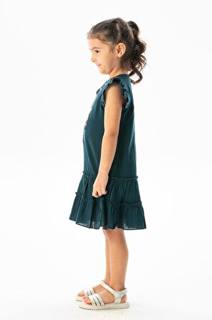 Kolsuz Şile Bezi Delfin Nakış Detaylı Yazlık Çocuk Elbise Petrol Ptrl