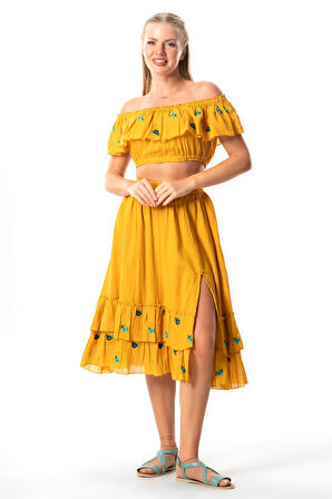 Lavinya Vual Lastik Detaylı Nakışlı Yazlık Crop Bluz Hardal Hrd