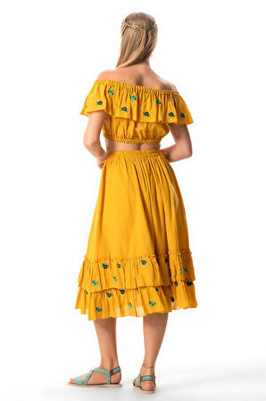 Lavinya Vual Lastik Detaylı Nakışlı Yazlık Crop Bluz Hardal Hrd