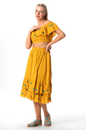 Lavinya Vual Lastik Detaylı Nakışlı Yazlık Crop Bluz Hardal Hrd