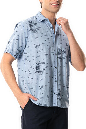 Kısa Kol Pamuklu Baskılı Erkek Yazlık Gömlek Buz Mavi Bmv