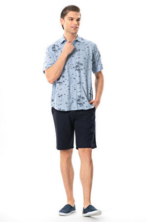 Kısa Kol Pamuklu Baskılı Erkek Yazlık Gömlek Buz Mavi Bmv