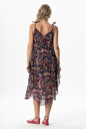 Askılı Vual Afrodit Midi Boy Yazlık Elbise Şal Lacivert 6215