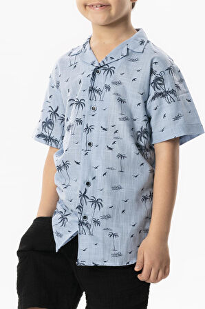 Kısa Kol Şile Bezi Baskılı Çocuk Yazlık Gömlek Buz Mavi Bmv