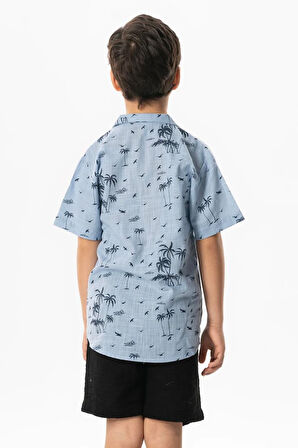 Kısa Kol Şile Bezi Baskılı Çocuk Yazlık Gömlek Buz Mavi Bmv