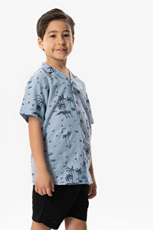 Kısa Kol Şile Bezi Baskılı Çocuk Yazlık Gömlek Buz Mavi Bmv