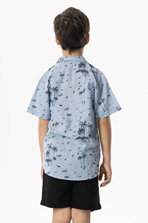 Kısa Kol Şile Bezi Baskılı Çocuk Yazlık Gömlek Buz Mavi Bmv