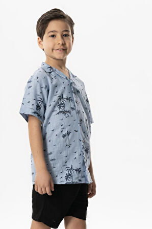 Kısa Kol Şile Bezi Baskılı Çocuk Yazlık Gömlek Buz Mavi Bmv