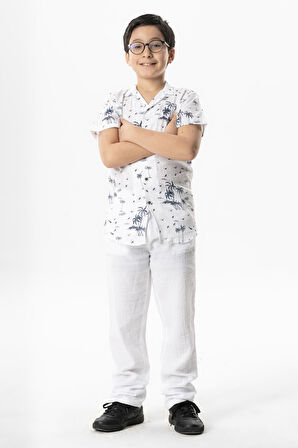 Kısa Kol Şile Bezi Baskılı Çocuk Yazlık Gömlek Beyaz Byz