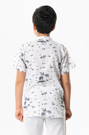 Kısa Kol Şile Bezi Baskılı Çocuk Yazlık Gömlek Beyaz Byz