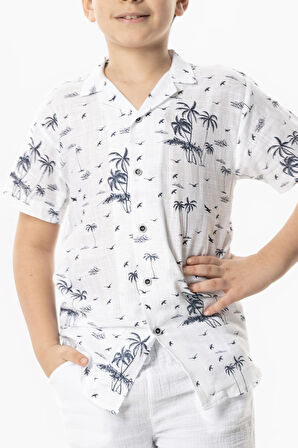 Kısa Kol Şile Bezi Baskılı Çocuk Yazlık Gömlek Beyaz Byz