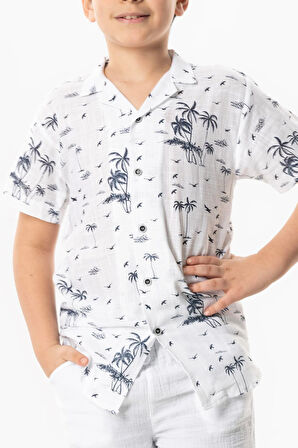 Kısa Kol Şile Bezi Baskılı Çocuk Yazlık Gömlek Beyaz Byz