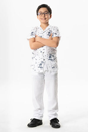 Kısa Kol Şile Bezi Baskılı Çocuk Yazlık Gömlek Beyaz Byz