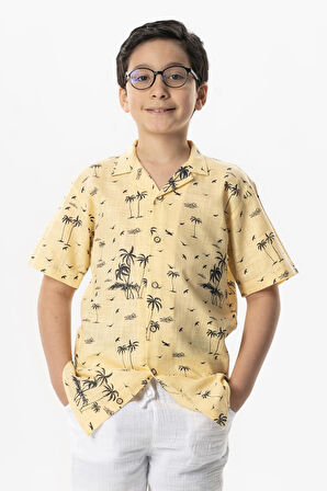 Kısa Kol Şile Bezi Baskılı Çocuk Yazlık Gömlek Sarı Sarı