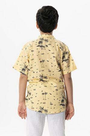 Kısa Kol Şile Bezi Baskılı Çocuk Yazlık Gömlek Sarı Sarı