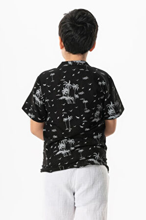 Kısa Kol Şile Bezi Baskılı Çocuk Yazlık Gömlek Siyah Syh