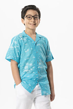 Kısa Kol Şile Bezi Baskılı Çocuk Yazlık Gömlek Turkuaz Trkz