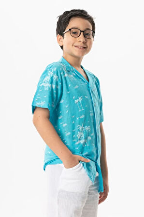 Kısa Kol Şile Bezi Baskılı Çocuk Yazlık Gömlek Turkuaz Trkz