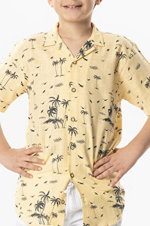 Kısa Kol Şile Bezi Baskılı Çocuk Yazlık Gömlek Sarı Sarı