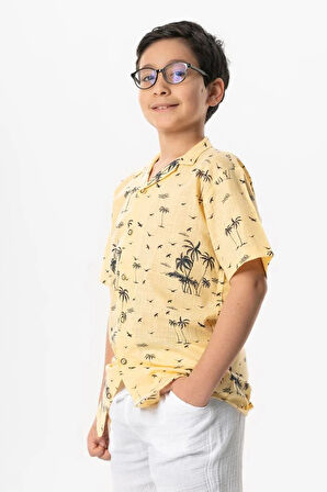 Kısa Kol Şile Bezi Baskılı Çocuk Yazlık Gömlek Sarı Sarı