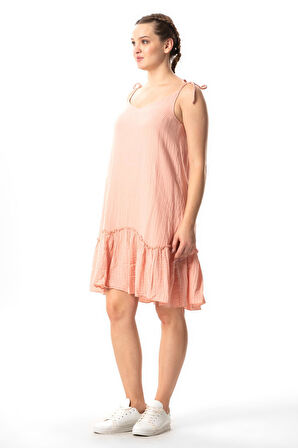 Askılı Serra Volanlı Kısa Yazlık Müslin Elbise Pudra Pdr