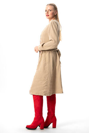 Uzun Kol Kıvılcım V Yaka Sonbahar ve Kışlık Nakışlı Kısa Double Müslin Elbise Vizon Vzn