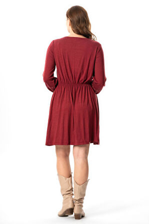 Uzun Kol Hayat Bağlamalı Sonbahar ve Kışlık Nakışlı Otantik Kısa Yünlü Viskon Elbise Bordo Brd