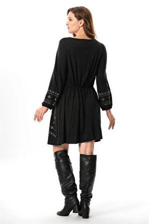 Uzun Kol Hayat Bağlamalı Sonbahar ve Kışlık Nakışlı Otantik Kısa Yünlü Viskon Elbise Gri Gri