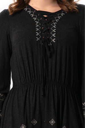 Uzun Kol Hayat Bağlamalı Sonbahar ve Kışlık Nakışlı Otantik Kısa Yünlü Viskon Elbise Gri Gri