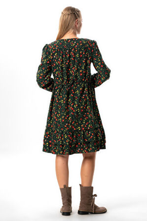 Uzun Kol Evren Pazen V Yaka Sonbahar ve Kışlık Çiçek Desen Fırfırlı Kısa Elbise Yeşil Ysl