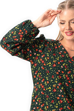 Uzun Kol Evren Pazen V Yaka Sonbahar ve Kışlık Çiçek Desen Fırfırlı Kısa Elbise Yeşil Ysl