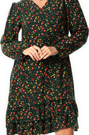 Uzun Kol Evren Pazen V Yaka Sonbahar ve Kışlık Çiçek Desen Fırfırlı Kısa Elbise Yeşil Ysl
