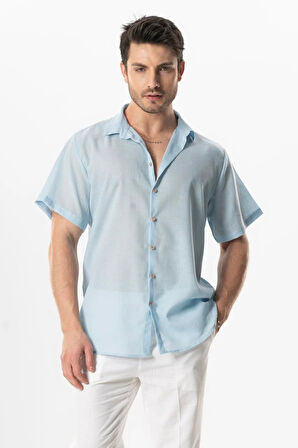 Kısa Kol Poplin Akdeniz Erkek Yazlık Gömlek Buz Mavi Bmv