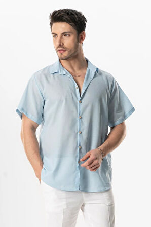 Kısa Kol Poplin Akdeniz Erkek Yazlık Gömlek Buz Mavi Bmv
