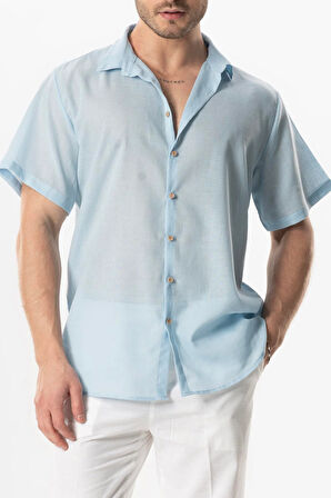 Kısa Kol Poplin Akdeniz Erkek Yazlık Gömlek Buz Mavi Bmv